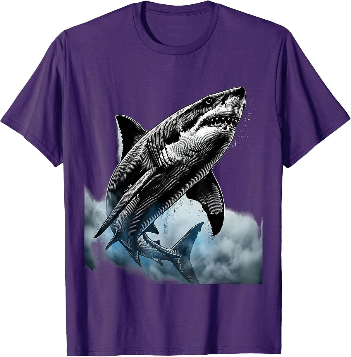 Men's Shark Emerging From Ocean Fog Illustration T-Shirt - Purple