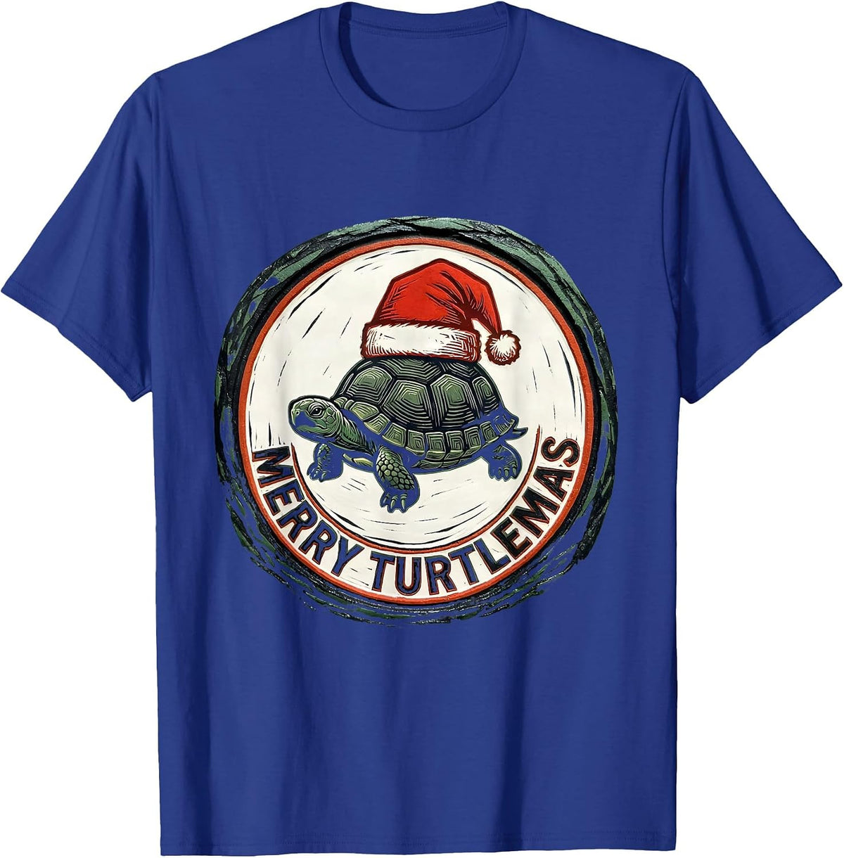 Men's Merry Turtlemas Linocut Funny Turtle Lover Christmas T-Shirt - Royal Blue