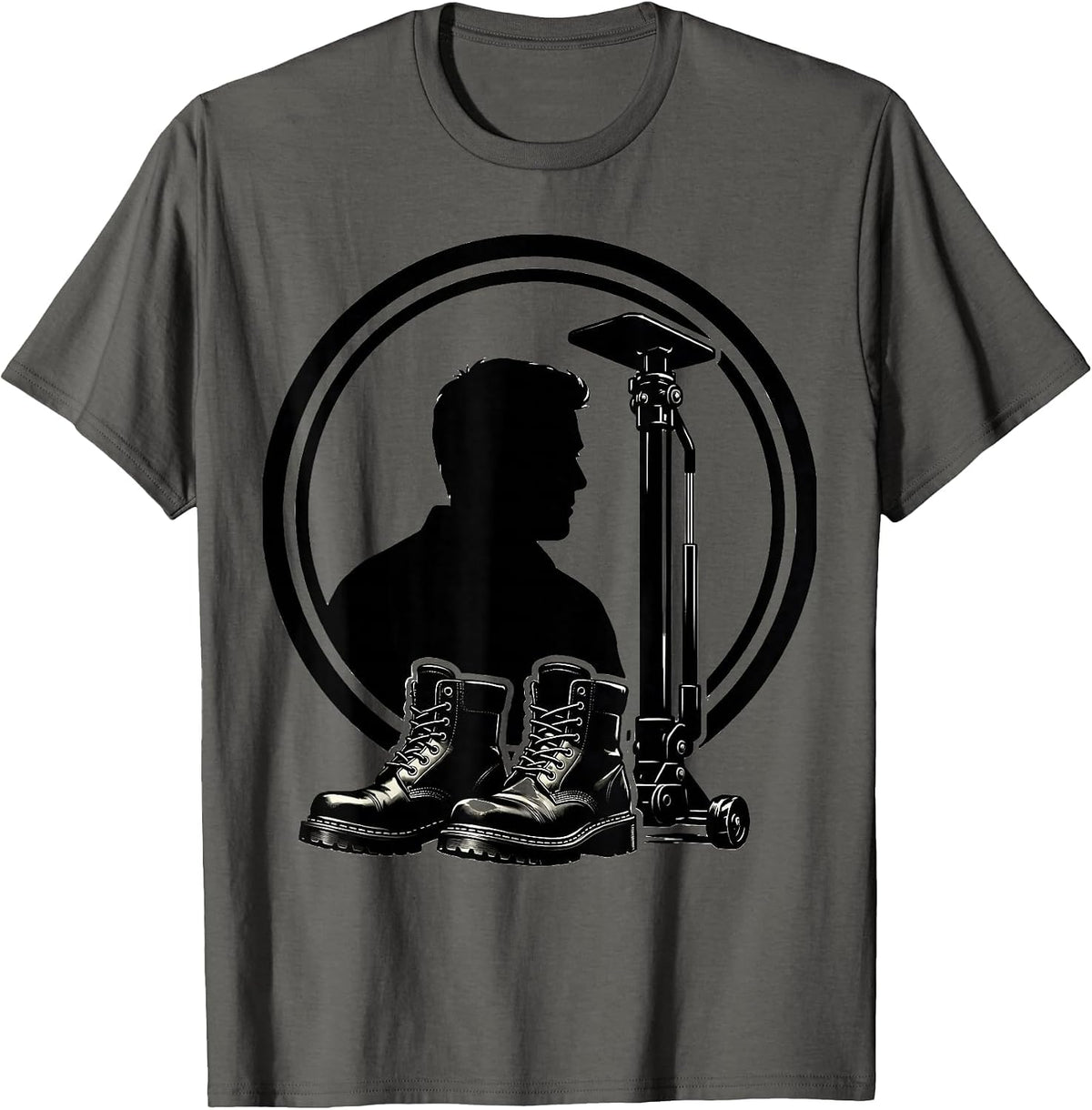 Oil-Stained Boots and Car Jack Mechanic Graphic T-Shirt - Asphalt Grey