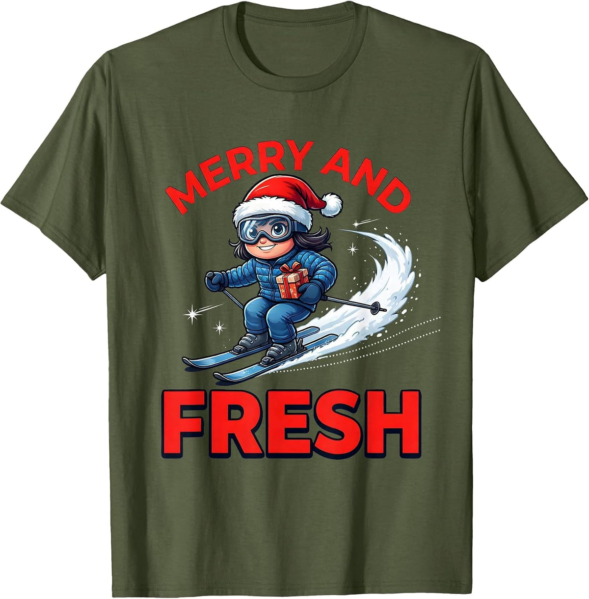 MERRY AND FRESH Funny Skier Christmas Skiing T-Shirt - Olive Green