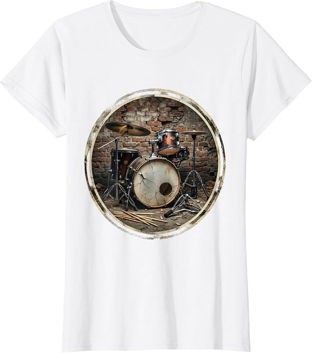 Grunge Drum Kit Dark Alley Illustration T-Shirt - White