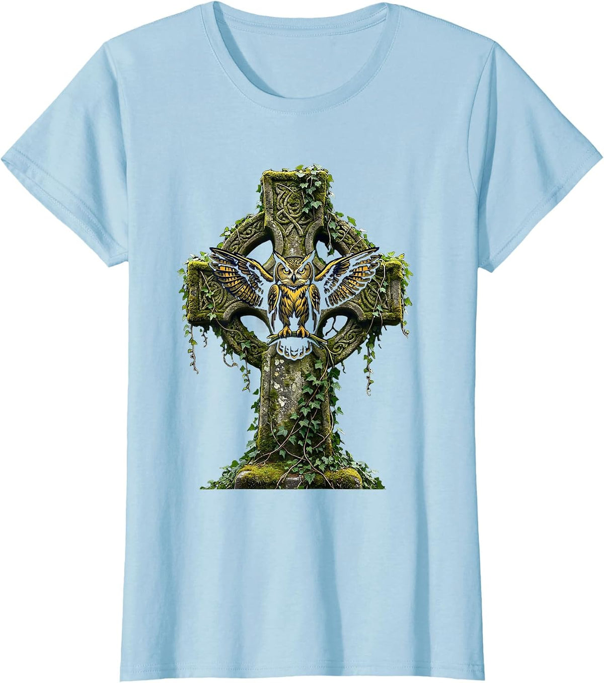 Women's Halloween Owl on Mossy Stone Cross Illustration T-Shirt - Baby Blue