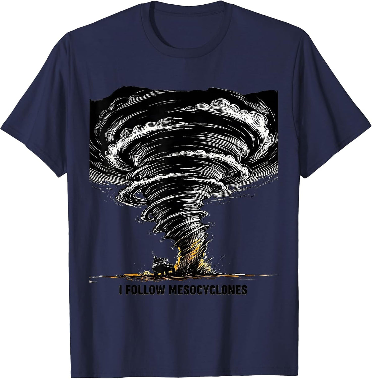 Men's I Follow Mesocyclones Scratchboard Tornado Storm Chaser T-Shirt - Navy Blue
