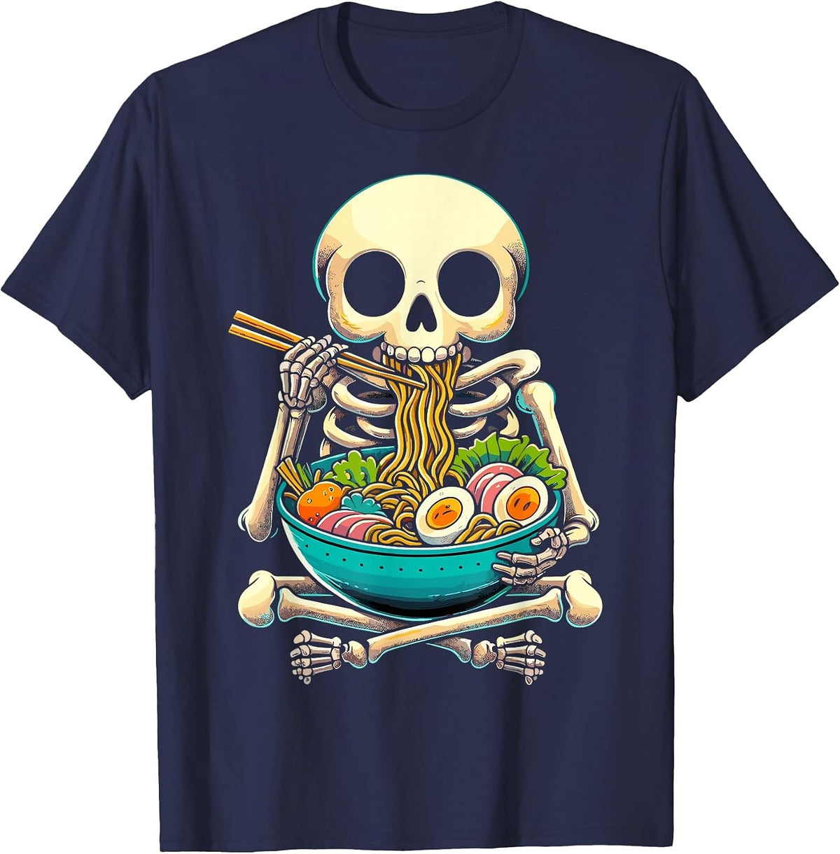 Halloween Skeleton Eating Ramen Noodles T-Shirt - Navy Blue