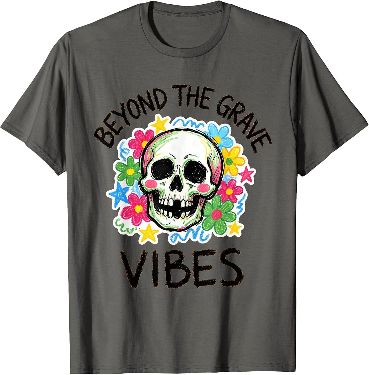 Beyond the Grave Vibes Skull Graphic Design T-Shirt - Asphalt Grey