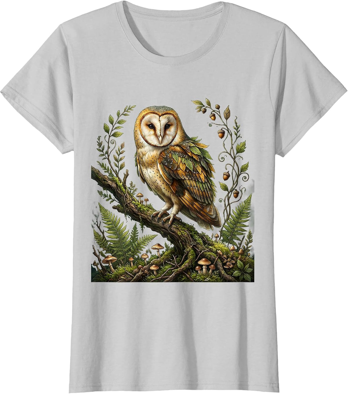 Woodland Camo Owl Perched on Branch Design T-Shirt - Silver Grey