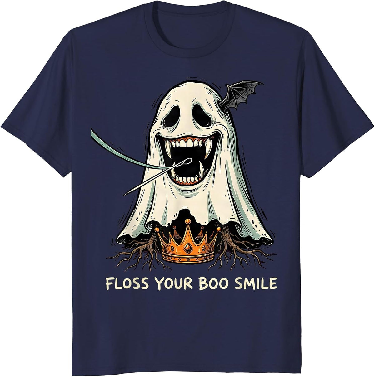 Floss Your Boo Smile Funny Dentist Halloween Ghost Dental T-Shirt - Navy Blue