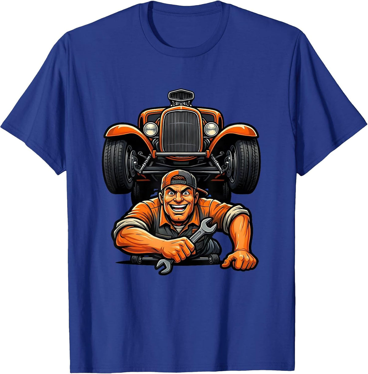 Men's Classic Hot Rod Mechanic Illustration T-Shirt - Royal Blue