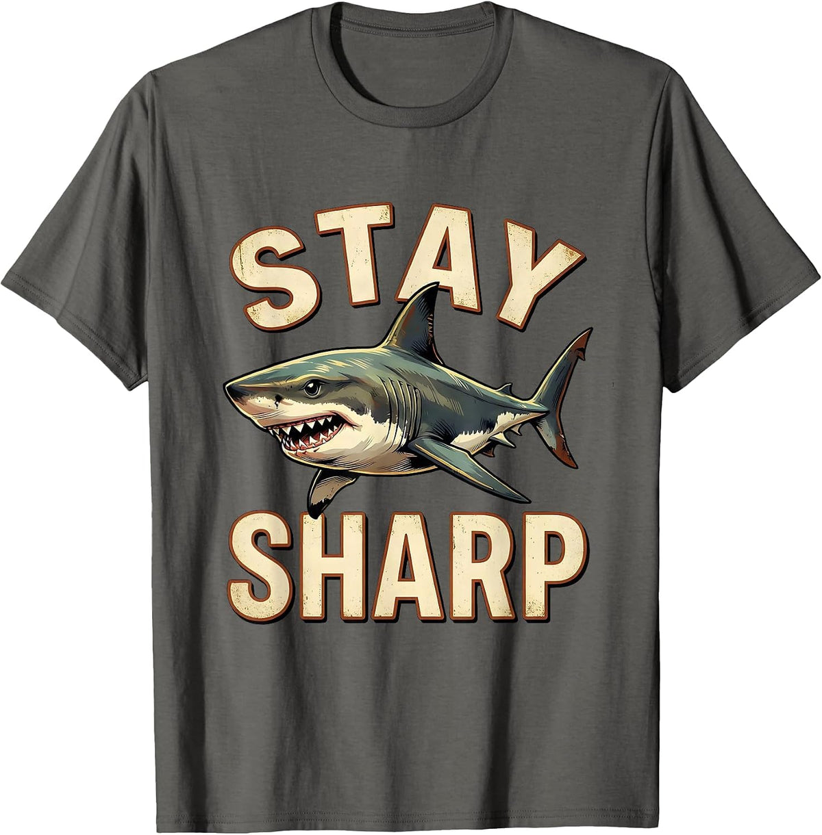 Stay Sharp Vintage Funny Shark Lover Marine Biology Humor T-Shirt - Asphalt Grey