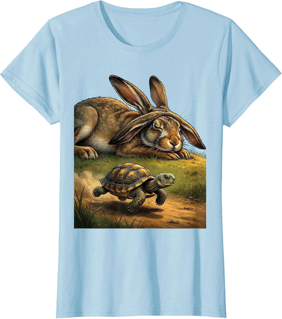 Women's Small Turtle Racing Giant Hare Big Little Design T-Shirt - Baby Blue