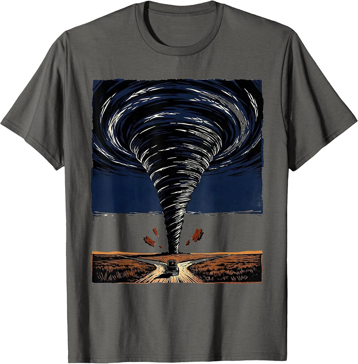 Men's Twister Vortex Linocut Storm Chaser Meteorology Humor T-Shirt - Asphalt Grey