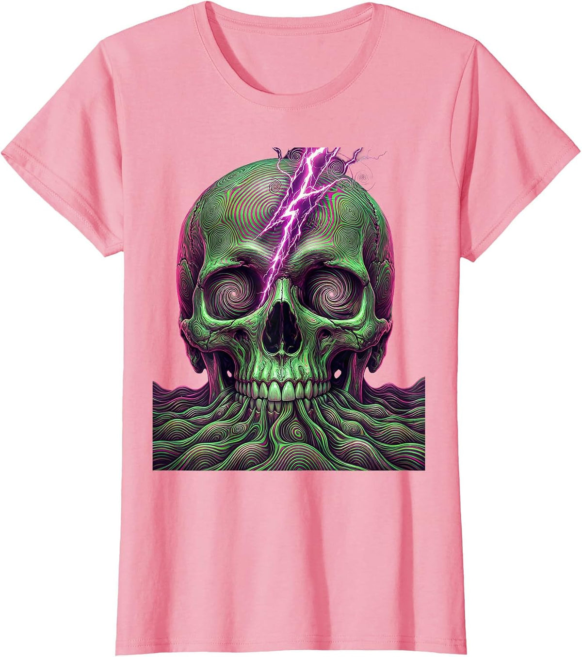 Women's Skull Lightning Bolt Metal Band Graphic T-Shirt - Pink