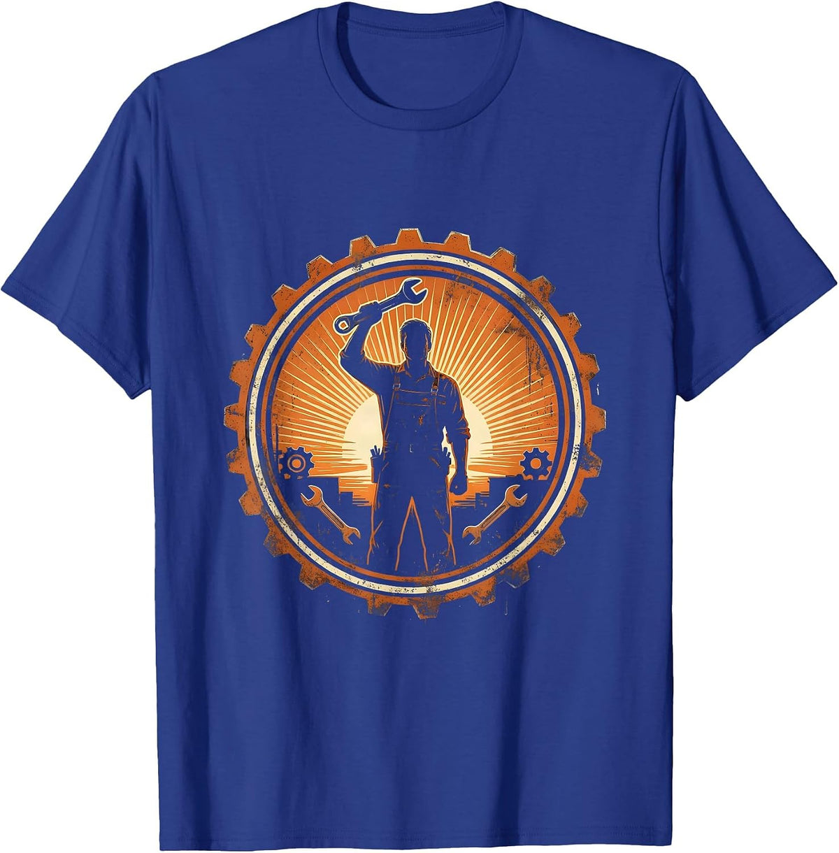 Mechanic Silhouette Garage Sunset Graphic T-Shirt - Royal Blue