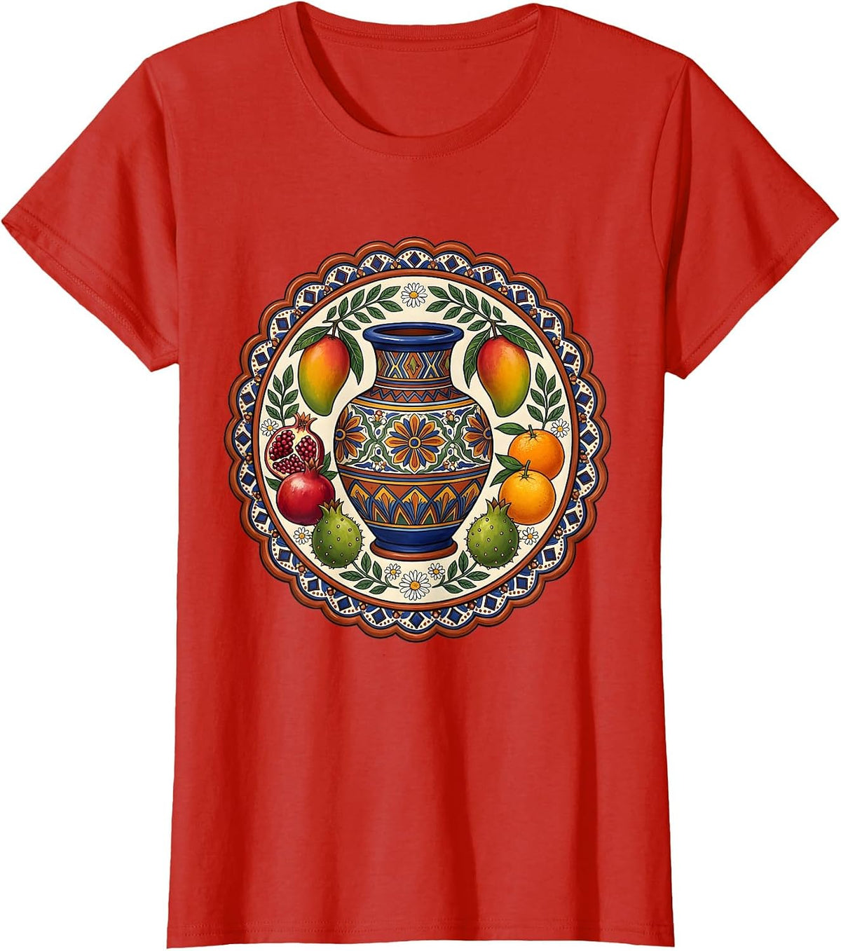 Mamacita Vintage Mexican Pottery and Fresh Fruit Art T-Shirt - Red