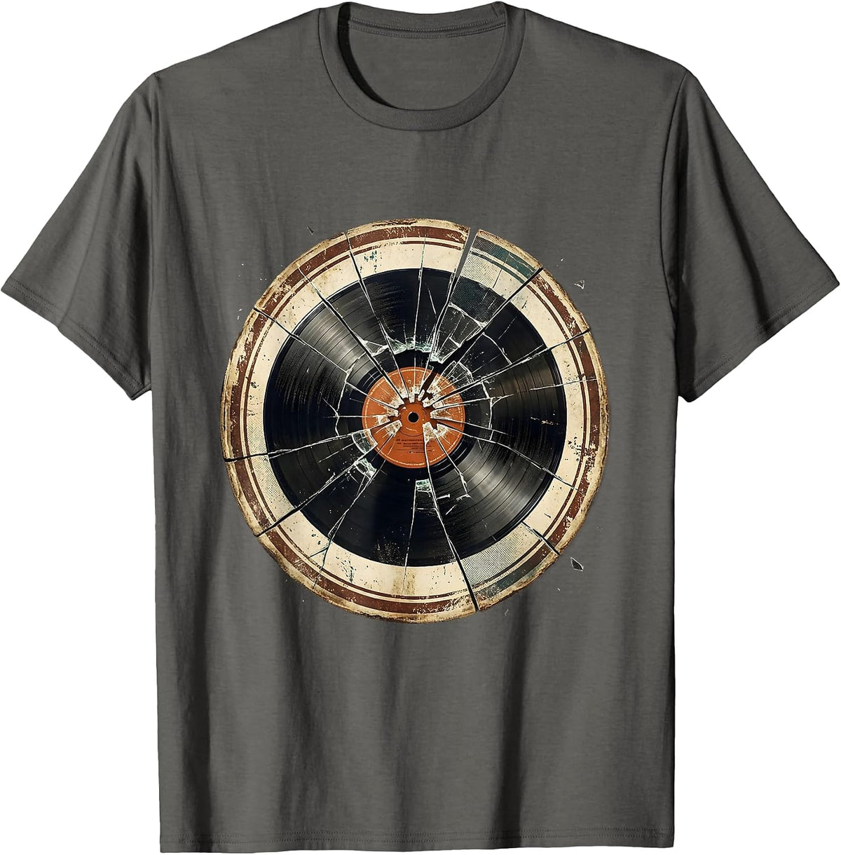 Broken Record Grunge Shattered Vinyl Art T-Shirt - Asphalt Grey