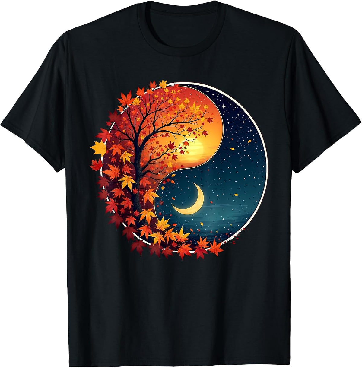 Vintage Celestial Sun Moon Fall Leaf Autumn Equinox Witch T-Shirt - Black