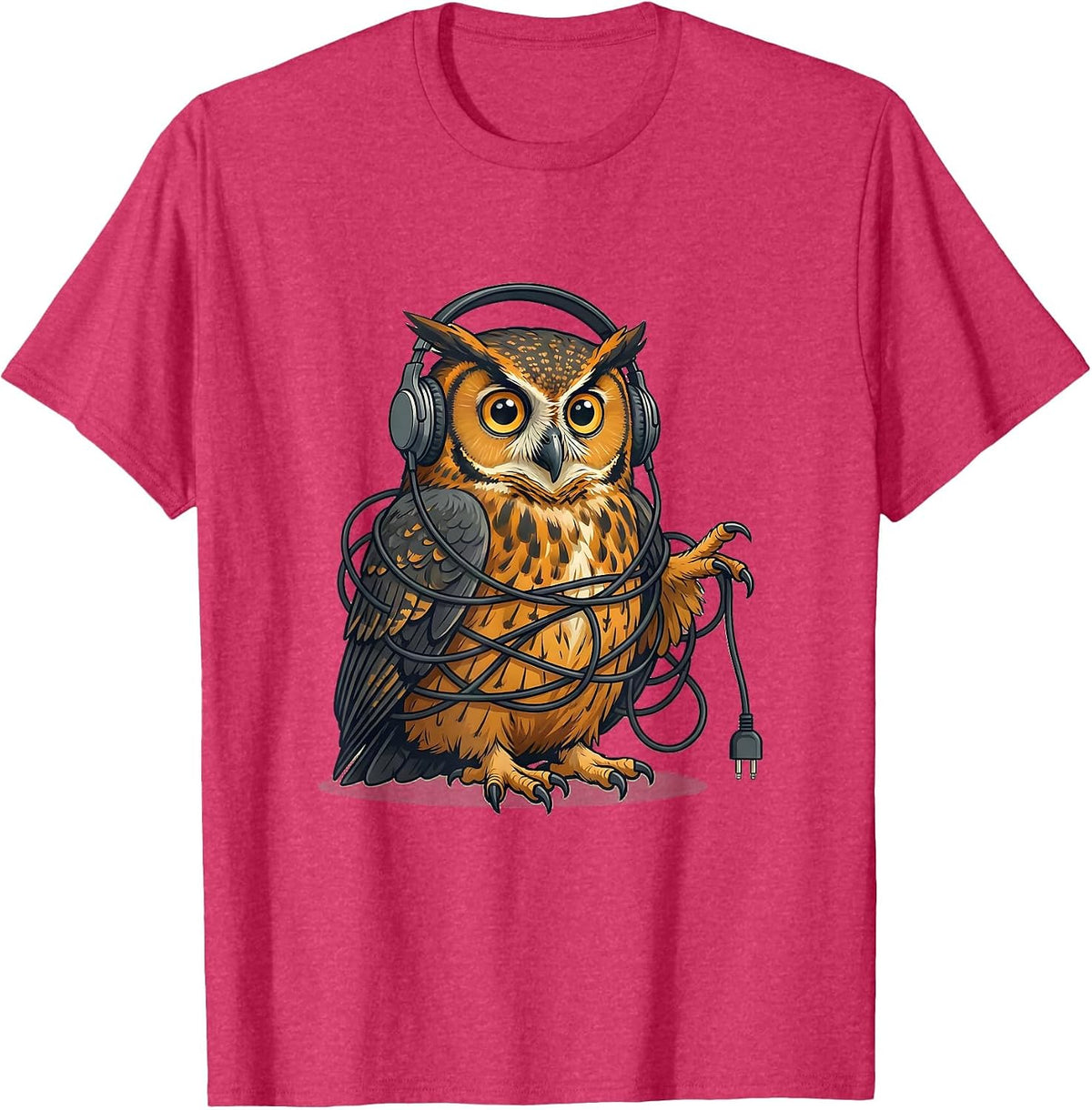 Silly Wide-Eyed Owl Tangled in Headphone Cords T-Shirt - Red Heather