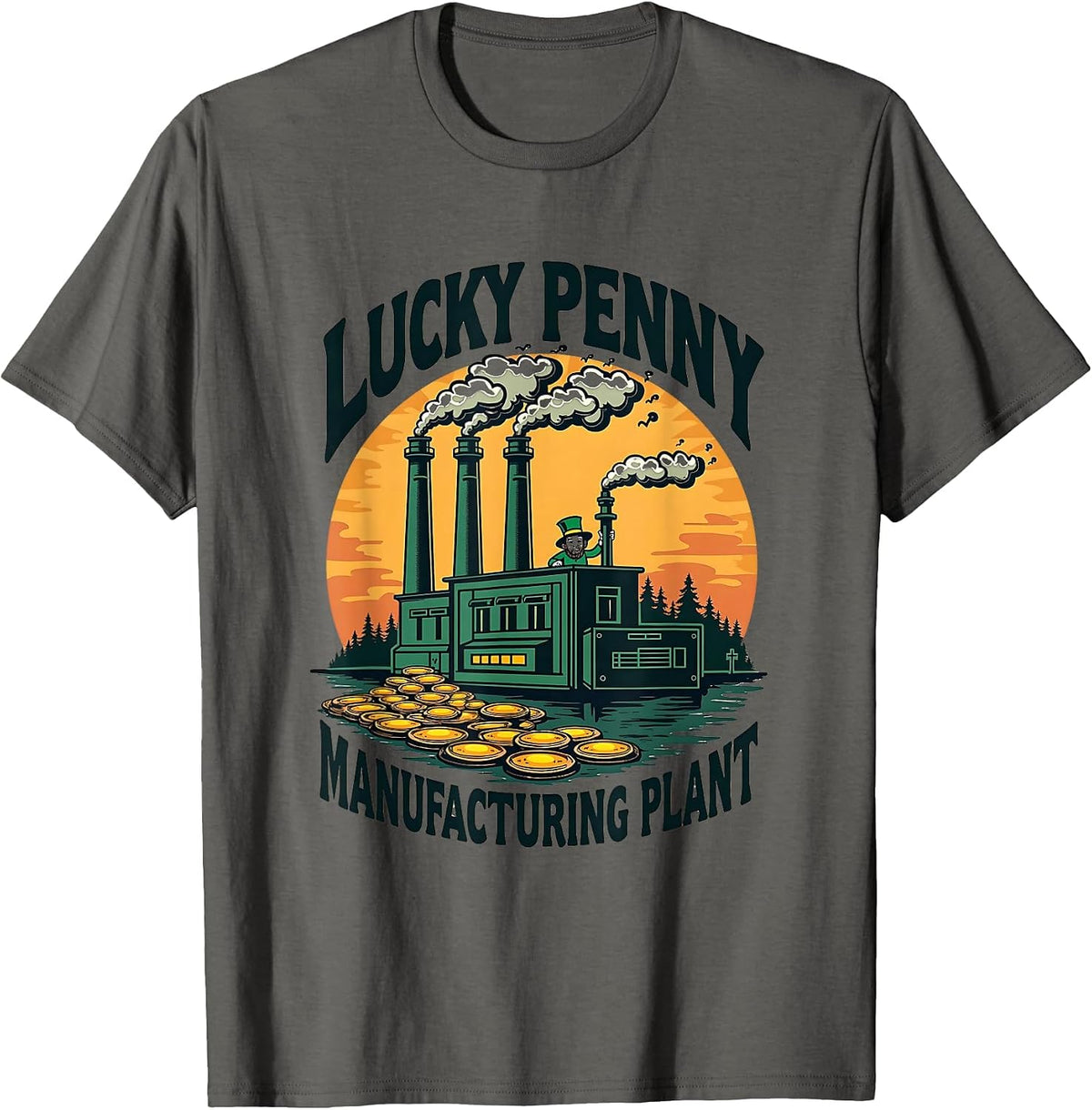 Lucky Penny Manufacturing Plant St Patricks Design T-Shirt - Asphalt Grey