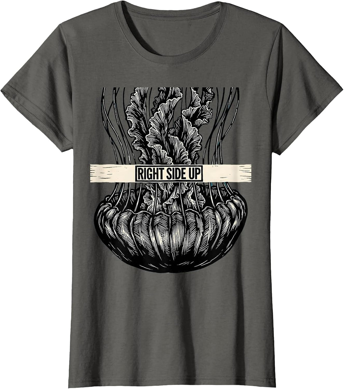 Women's Right Side Up Linocut Funny Shark Ocean Wildlife Humor T-Shirt - Asphalt Grey