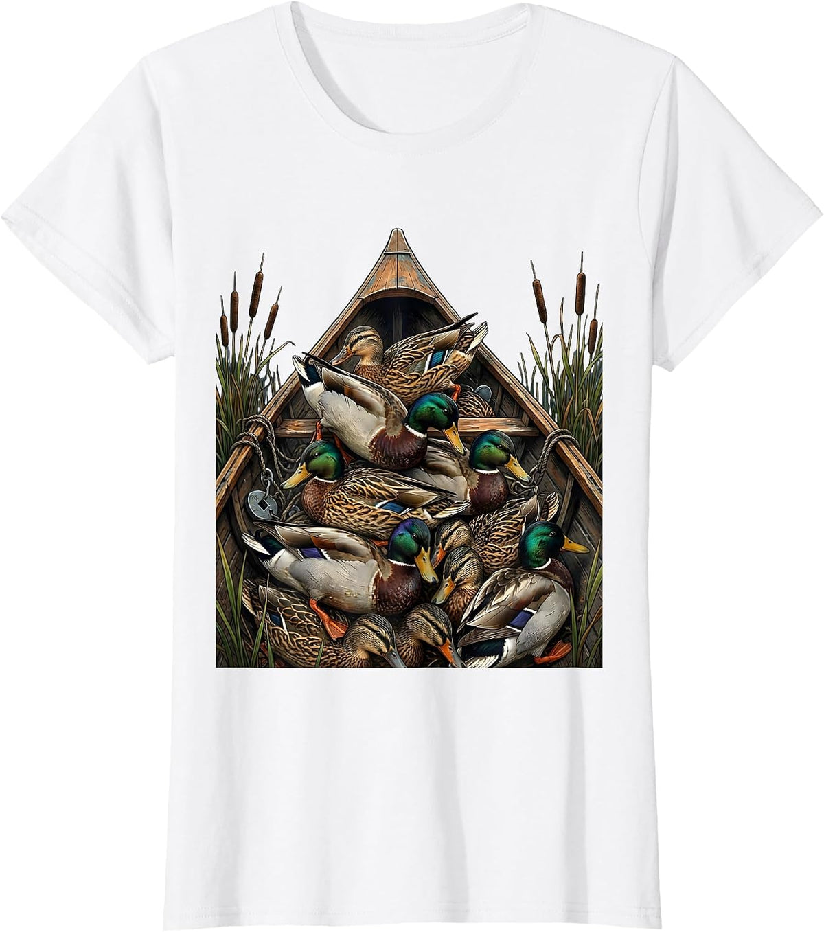 Women's Bottomland Camo Decoy Pile Canoe Bow Duck Hunting T-Shirt - White