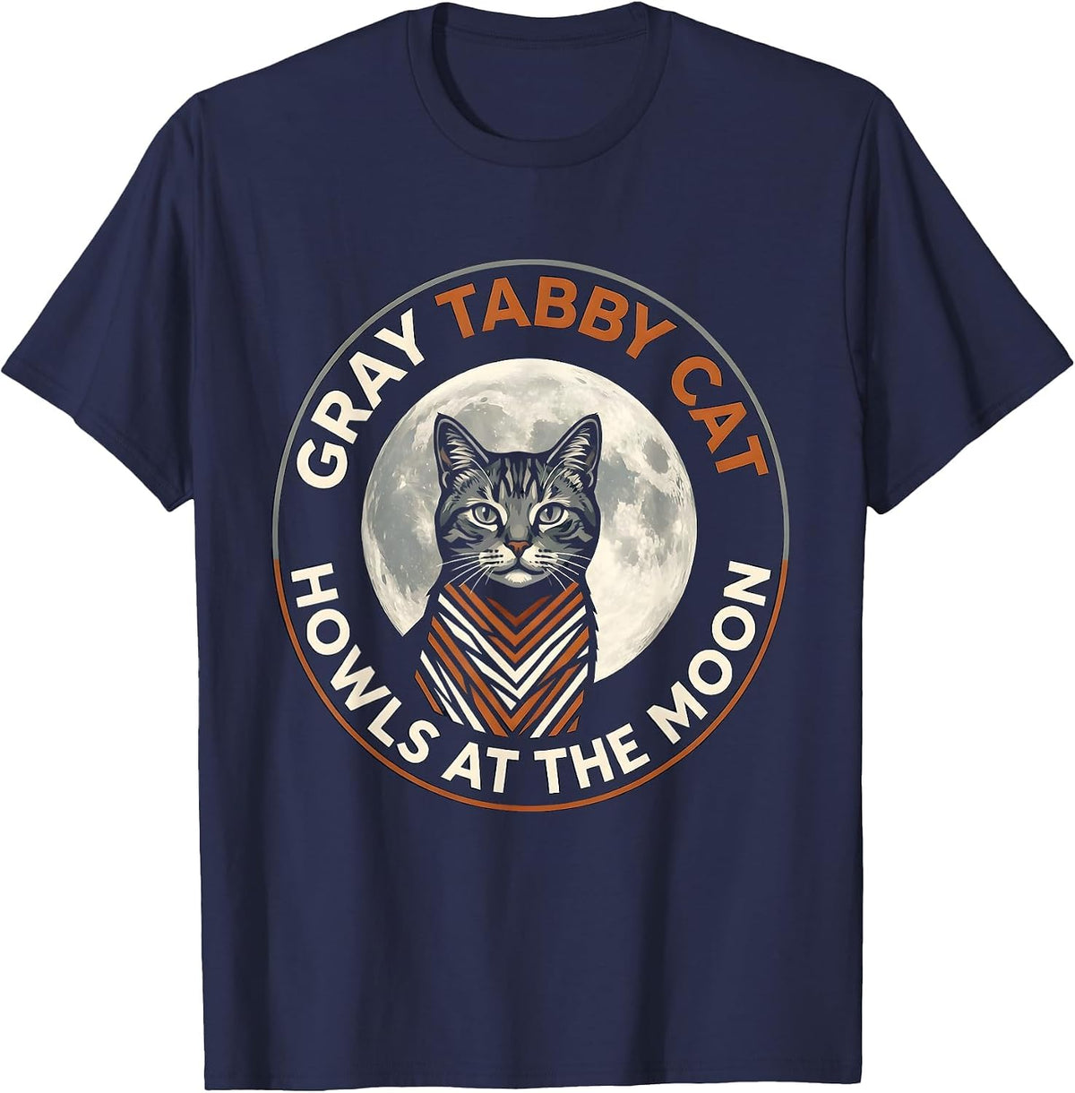 Gray Tabby Cat Howls at the Moon 90's Retro Novelty T-Shirt - Navy Blue