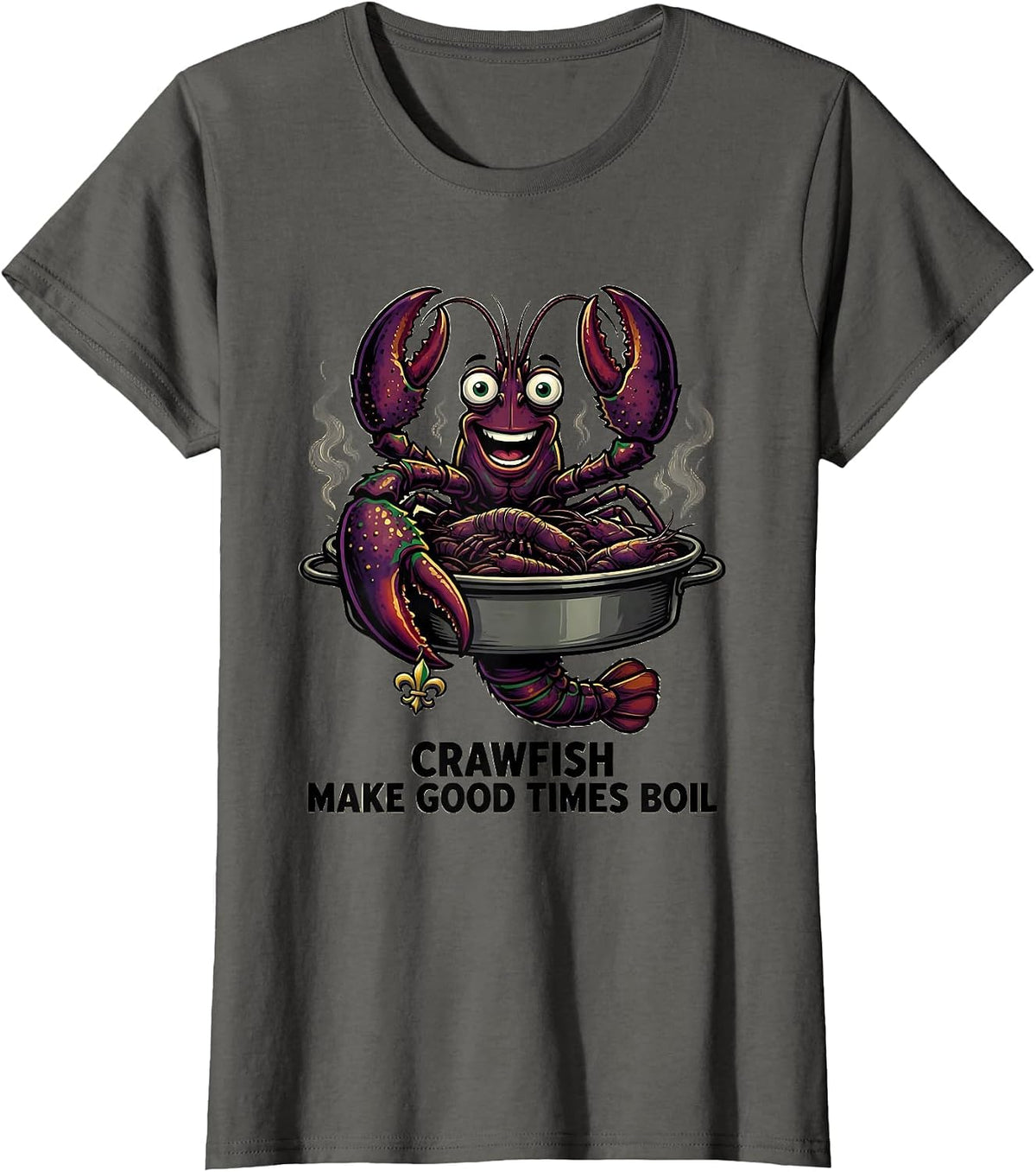 Women's Crawfish Make Good Times Boil Cartoon Mardi Gras Party T-Shirt - Asphalt Grey
