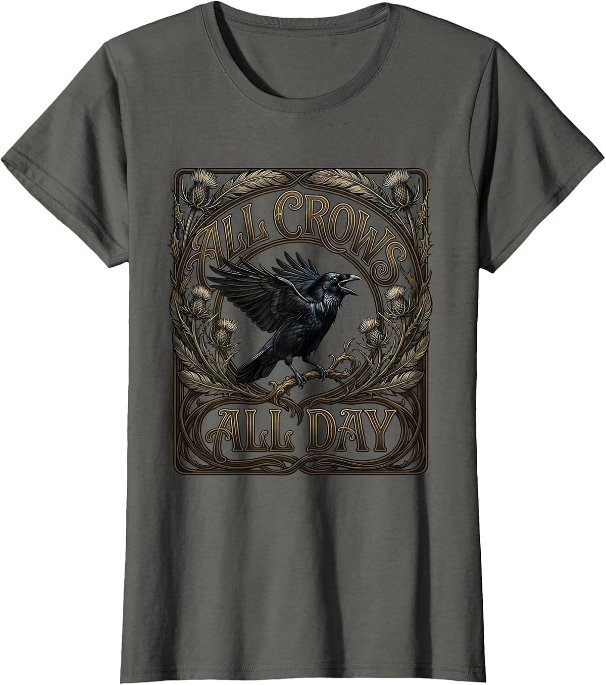 Women's All Crows All Day Bold Bird Lover Design T-Shirt - Asphalt Grey