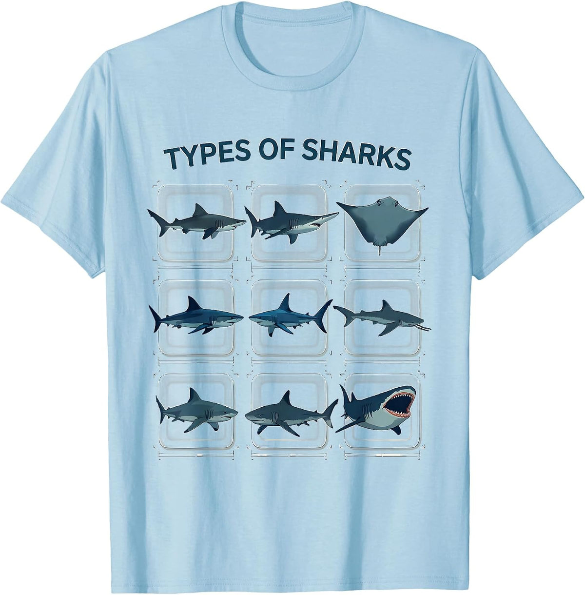 Men's Types Of Sharks Flat Vector Marine Biology Ocean Wildlife T-Shirt - Baby Blue