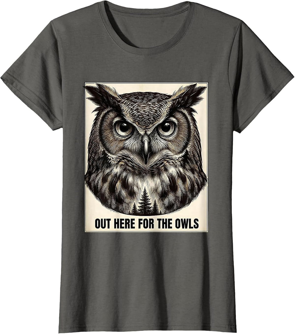 Women's Out Here For The Owls Crosshatch Etching Forest Wildlife T-Shirt - Asphalt Grey