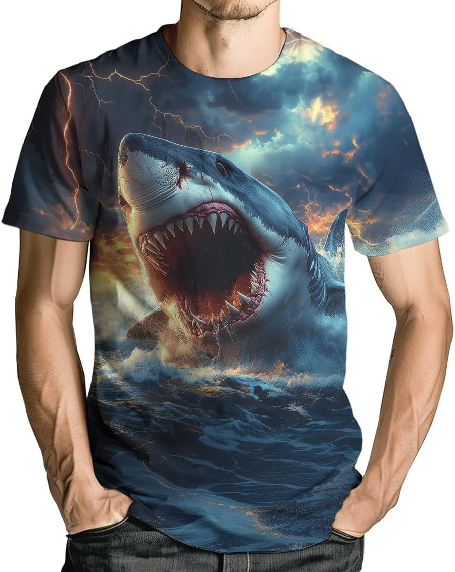Men's Novelty Shark Graphic T-Shirts Cool 3D Print White Shark Tee Shirt Summer Short Sleeves Shirt - Blue1
