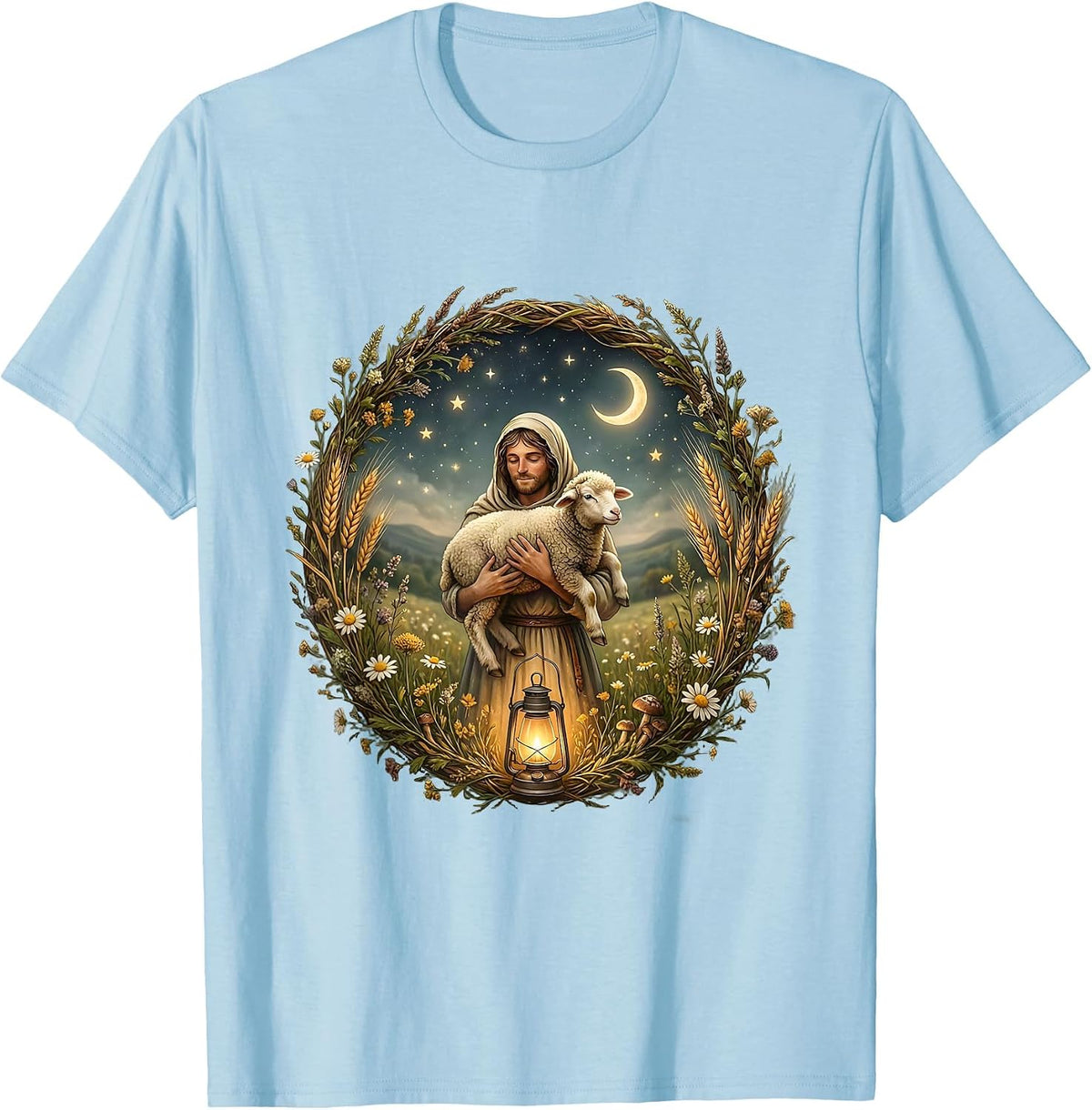 Men's Jesus Loves You Shepherd Carrying Lost Sheep T-Shirt - Baby Blue