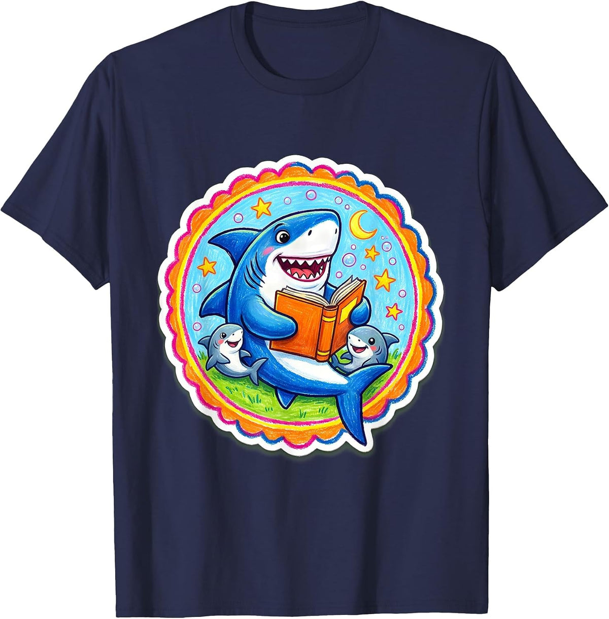 Men's Mommy Shark Bedtime Story Illustration T-Shirt - Navy Blue