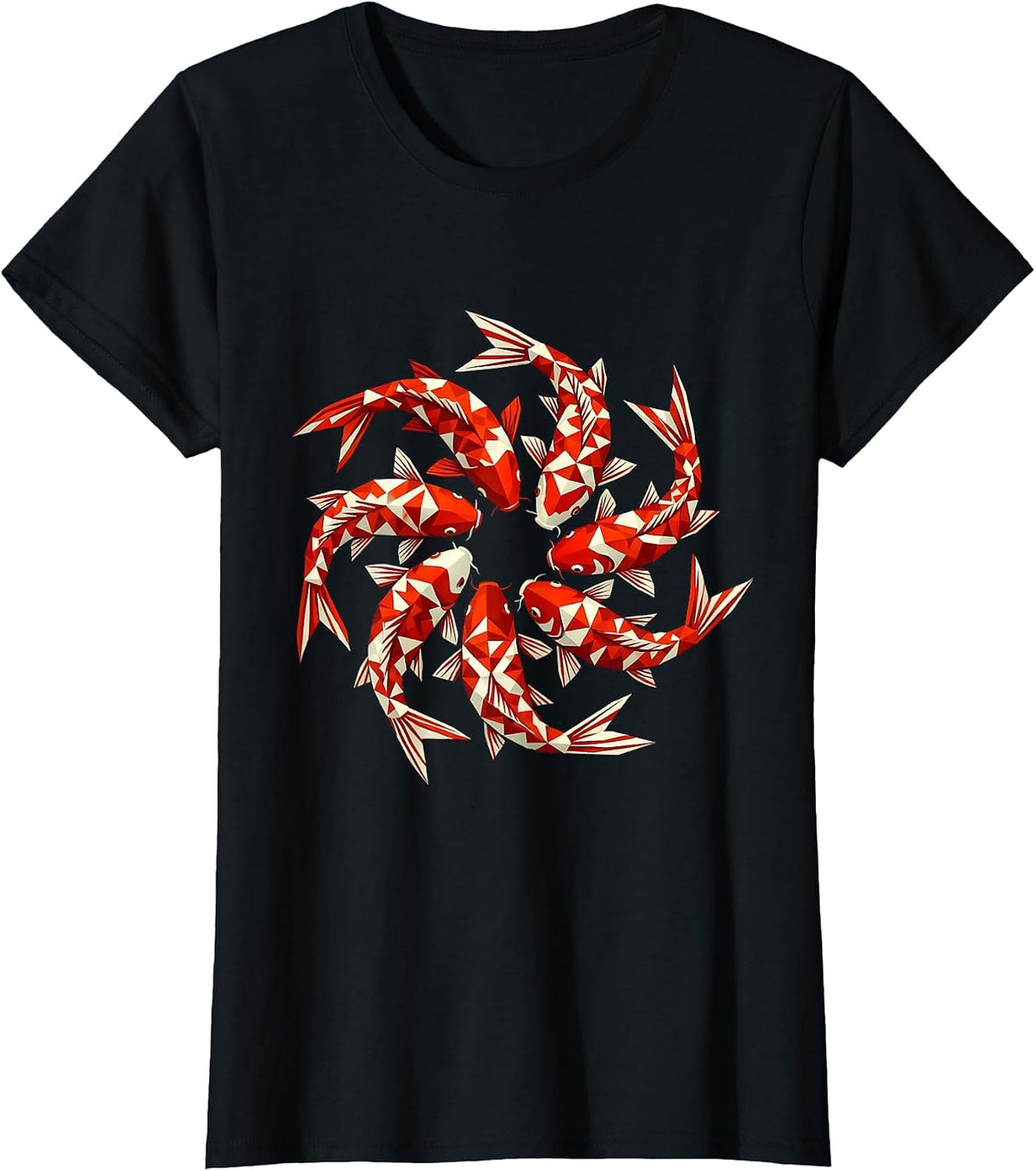 Seven Koi Fish Spiral Illustration Design T-Shirt - Black