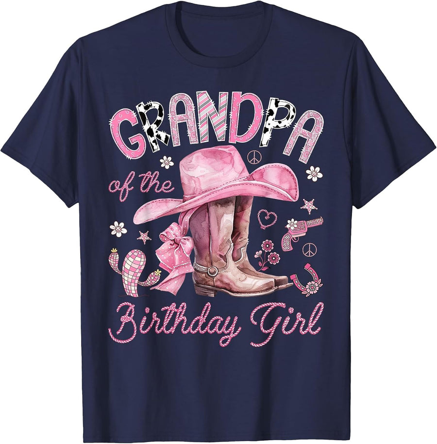 Grandpa of the Birthday Girl Pink Cowgirl Western Rodeo T-Shirt - Navy Blue