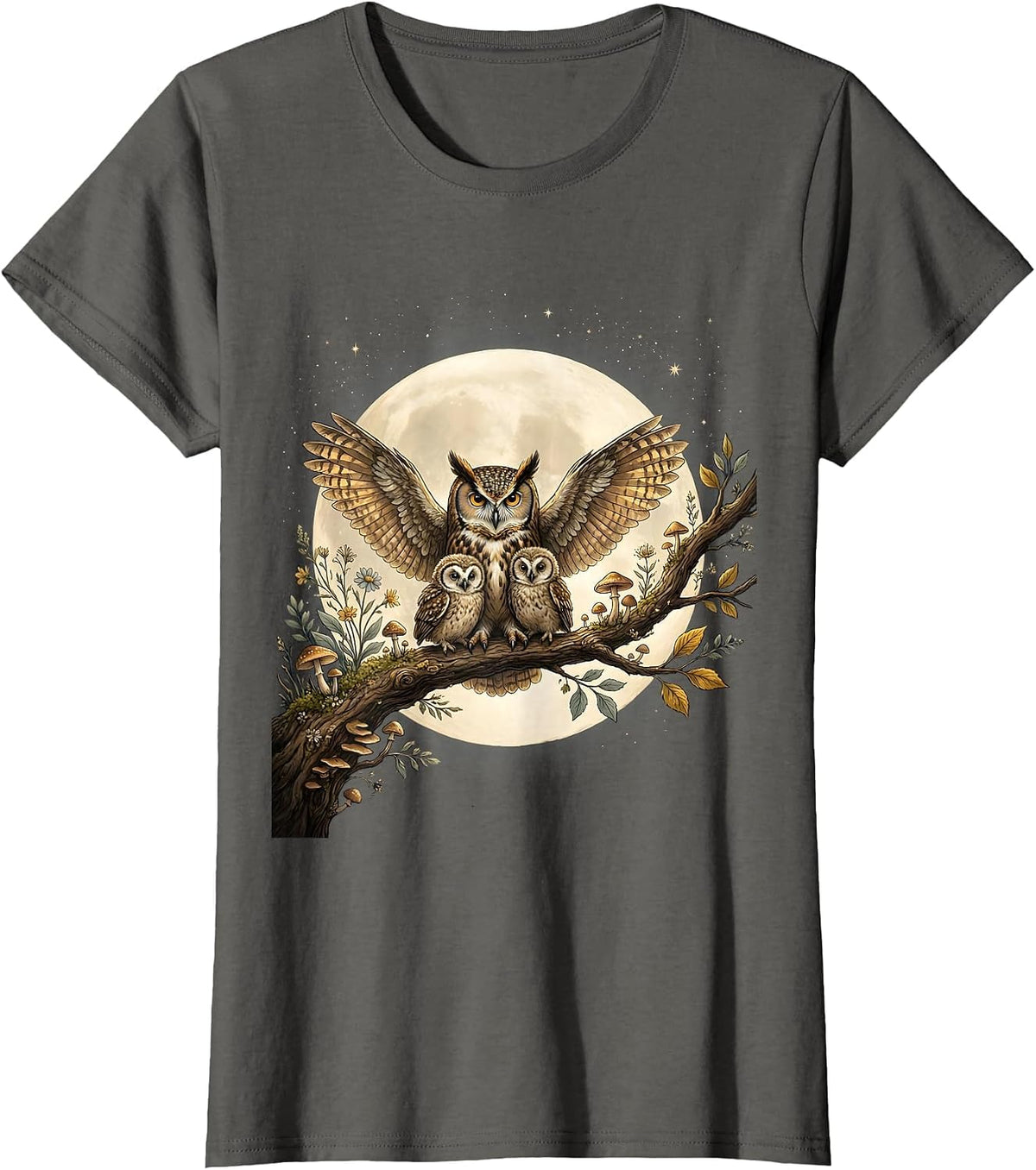 Women's Mother Owl and Owlets Full Moon Night Design T-Shirt - Asphalt Grey