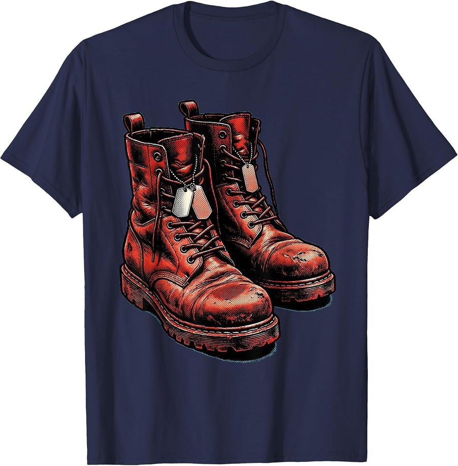 Soldier Boots and Dog Tags Veteran Graphic T-Shirt - Navy Blue