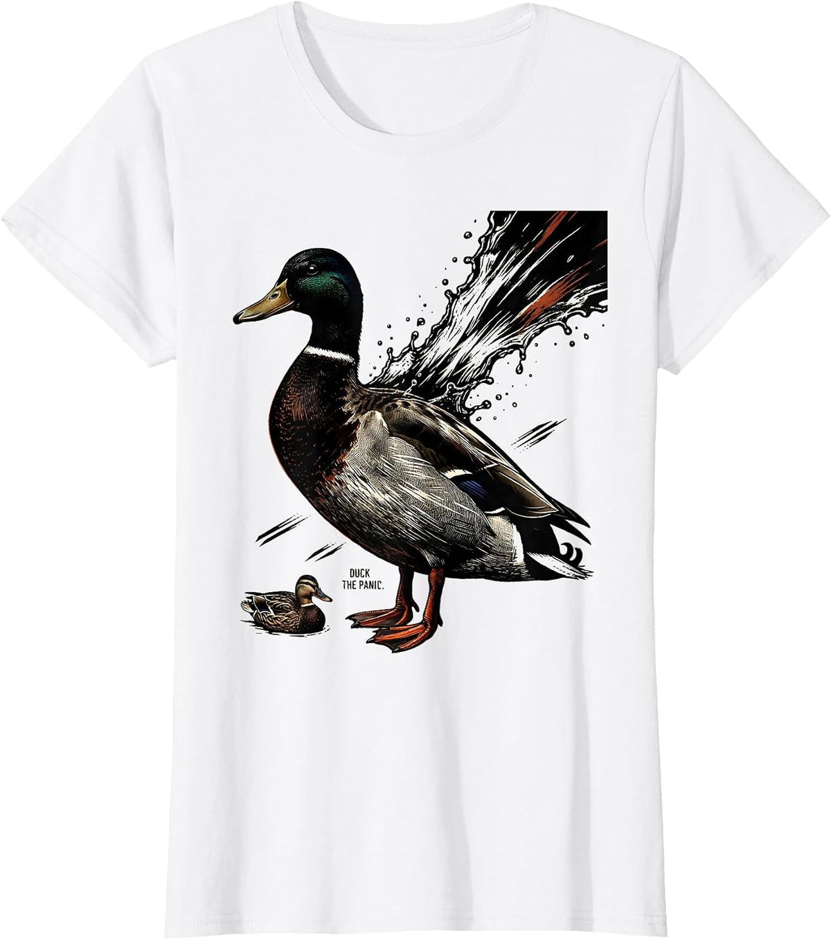 Duck The Panic Linocut Funny Duck Hunter Gift T-Shirt - White