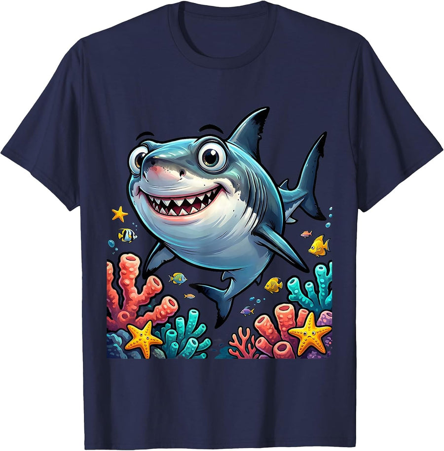 Mama Shark Coral Reef Ocean Illustration T-Shirt - Navy Blue