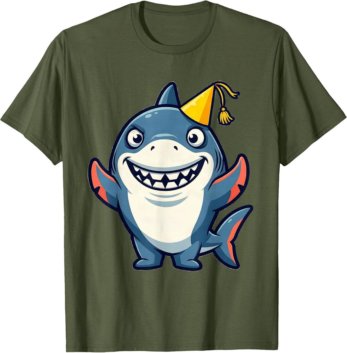 Men's Derpy Shark in a Sideways Party Hat T-Shirt - Olive Green