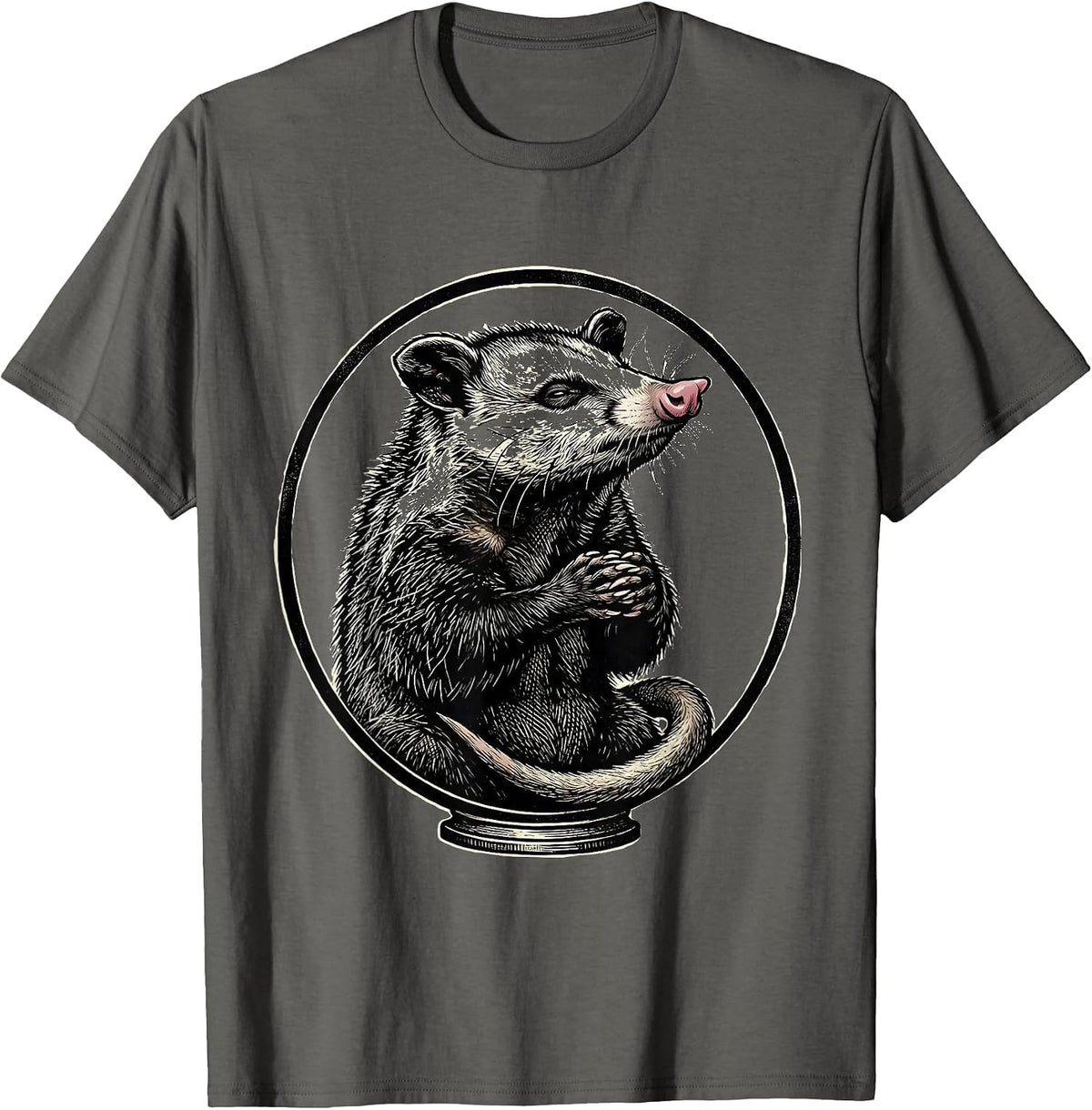 Men's Ceremonial Opossum Woodcut Engraving Animal Meme Humor T-Shirt - Asphalt Grey