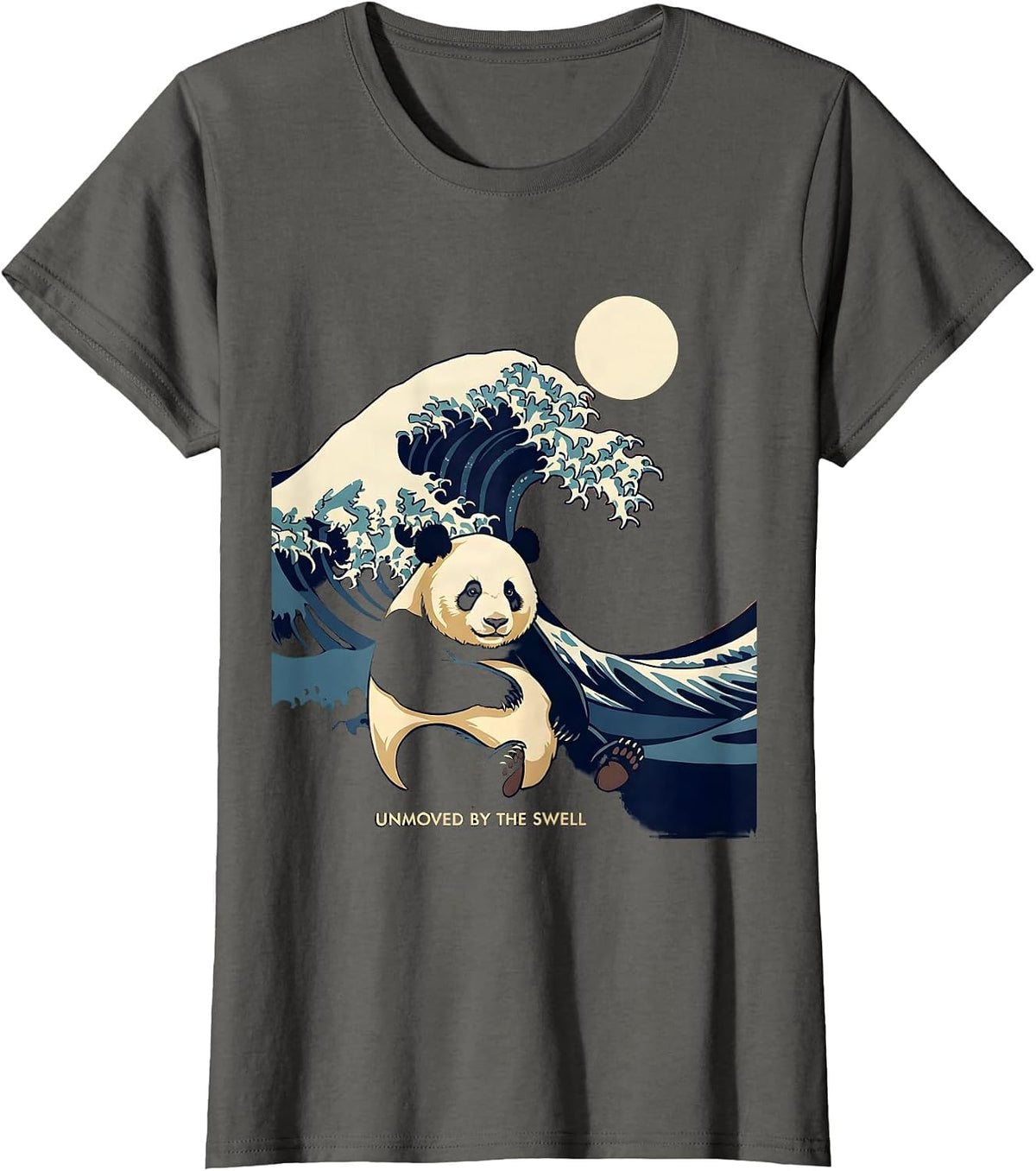 Women's Unmoved By The Swell Flat Vector Japanese Art Panda Surfing T-Shirt - Asphalt Grey