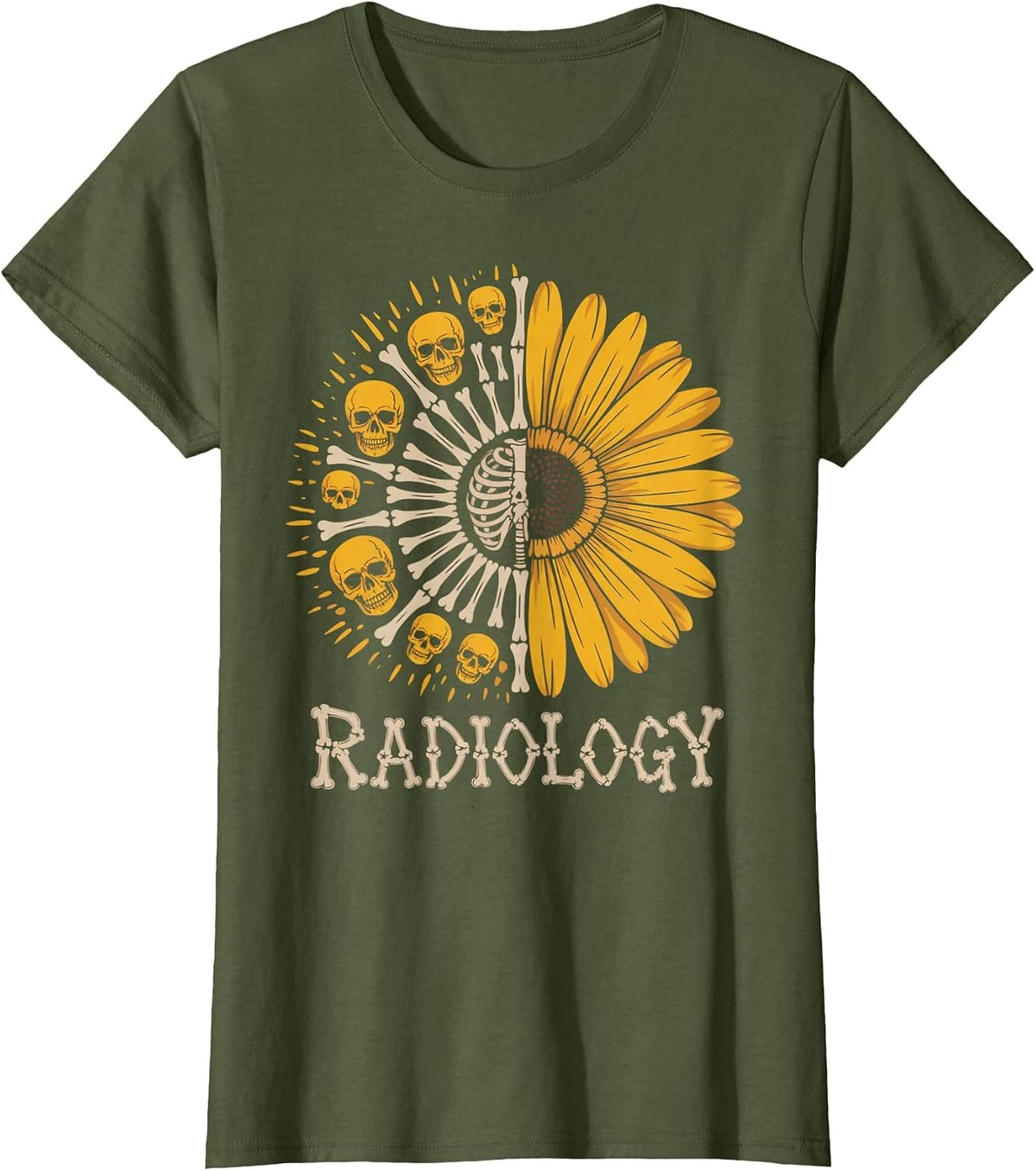 Sunflower Skeleton Radiology Technician Radiologist T-Shirt - Olive Green