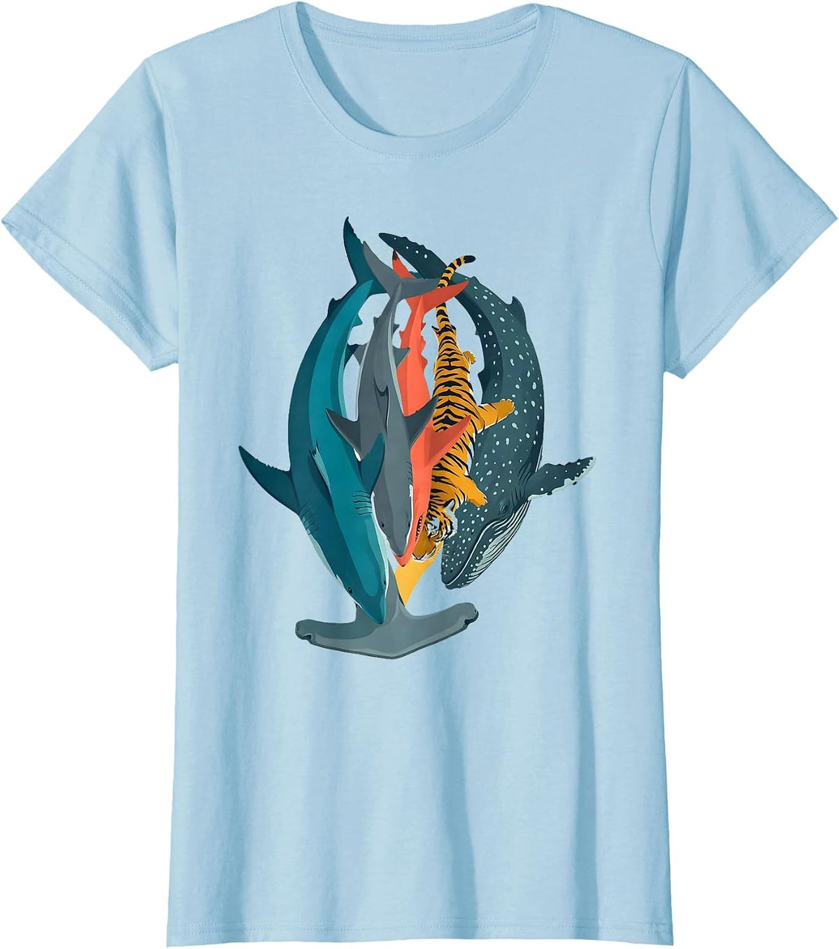 Women's Shark Column Flat Vector Funny Ocean Wildlife Gift T-Shirt - Baby Blue