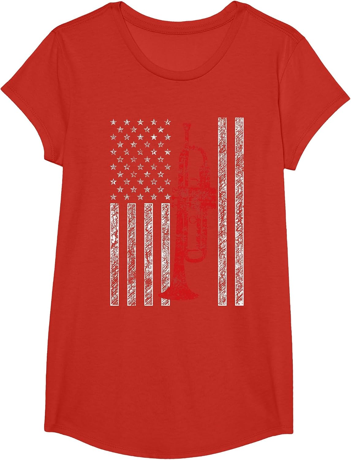 Trumpet USA American Flag Funny Jazz Music Vintage Trumpeter T-Shirt - Girls Red