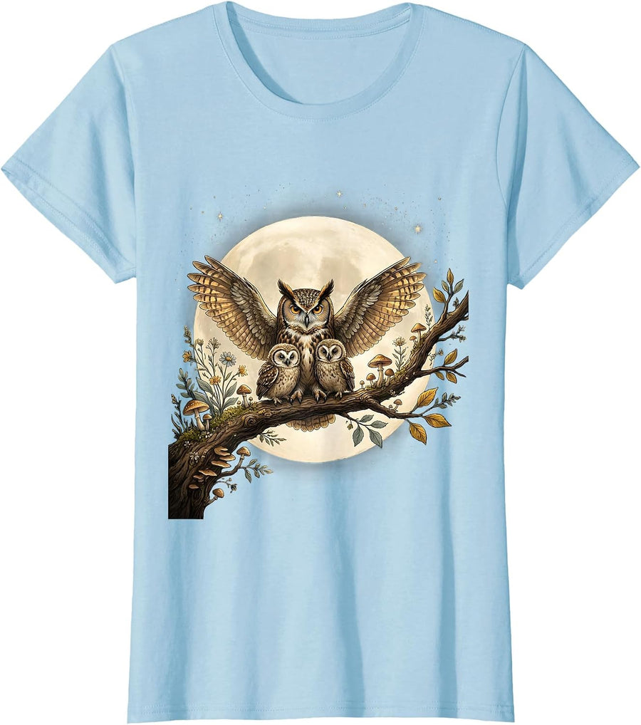 Women's Mother Owl and Owlets Full Moon Night Design T-Shirt - Baby Blue