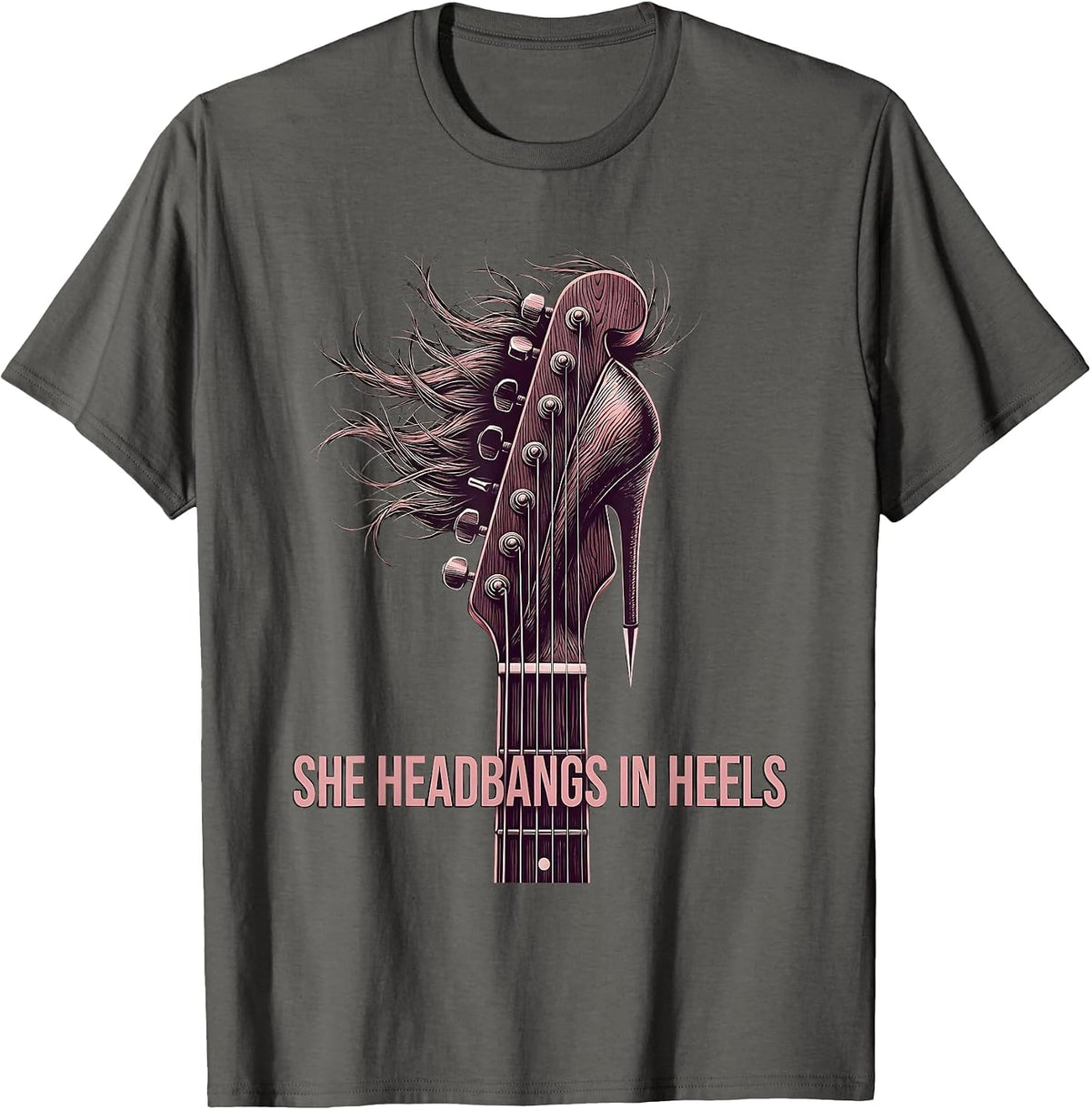 She Headbangs In Heels Rock and Roll Design T-Shirt - Asphalt Grey
