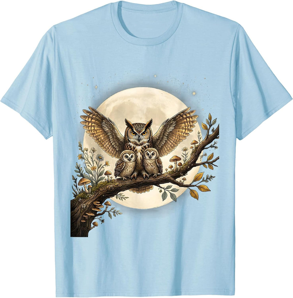 Men's Mother Owl and Owlets Full Moon Night Design T-Shirt - Baby Blue