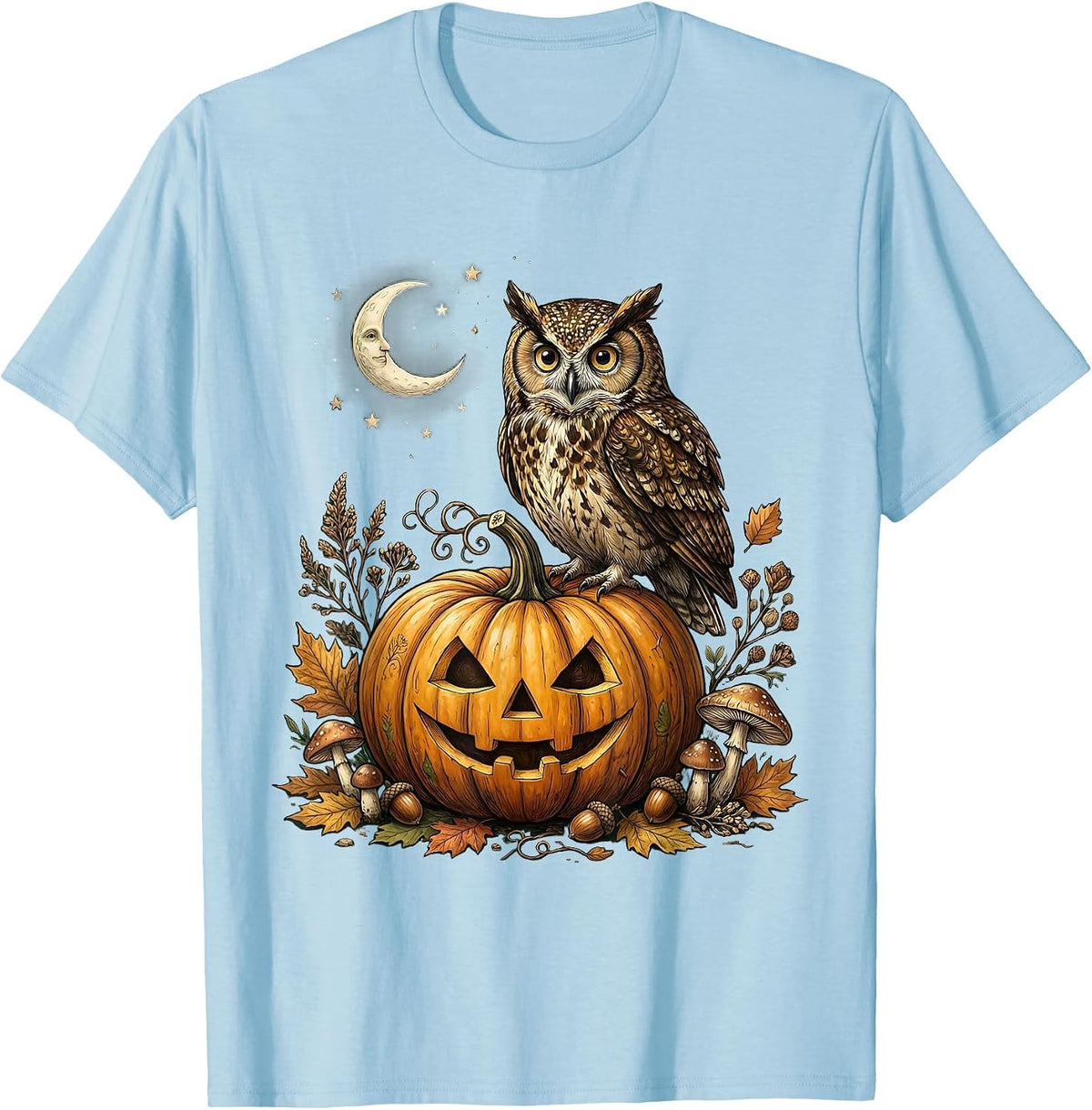 Owl on Glowing Pumpkin Halloween Illustration T-Shirt - Baby Blue