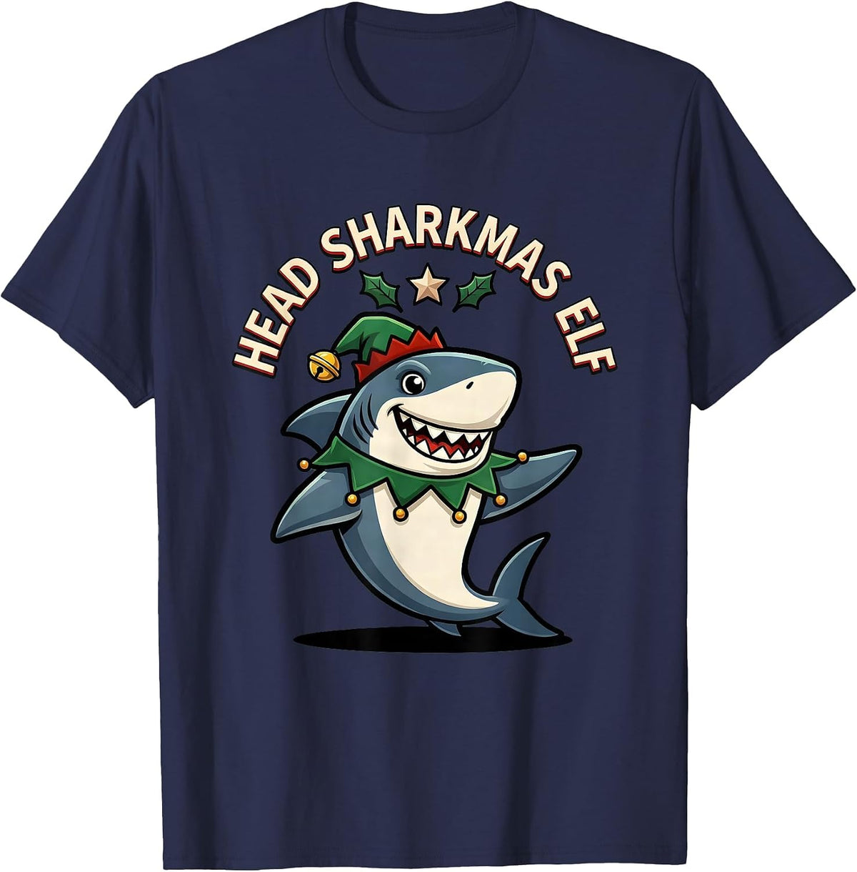 Men's Head Sharkmas Elf Cartoon Shark Lover Christmas Pun Humor T-Shirt - Navy Blue