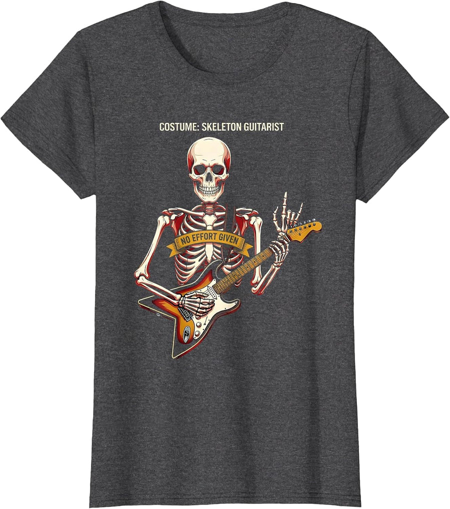 Women's Costume Skeleton Guitarist No Effort Given Punk Rock T-Shirt - Dark Heather Grey